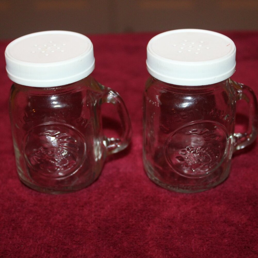 Salt and Pepper Shakers Glass W/Handle -4 oz Golden Harvest Ball Mason Jar